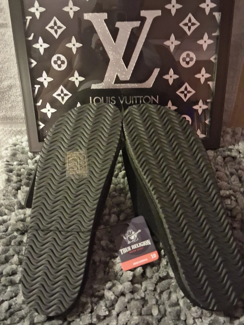True Religion Black Suede Slide Sandals with Gold Logo Accent
